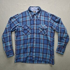 VTG Wool O the West by Brewster Wool Flannel Mens Shirt Button Front Blue Plaid